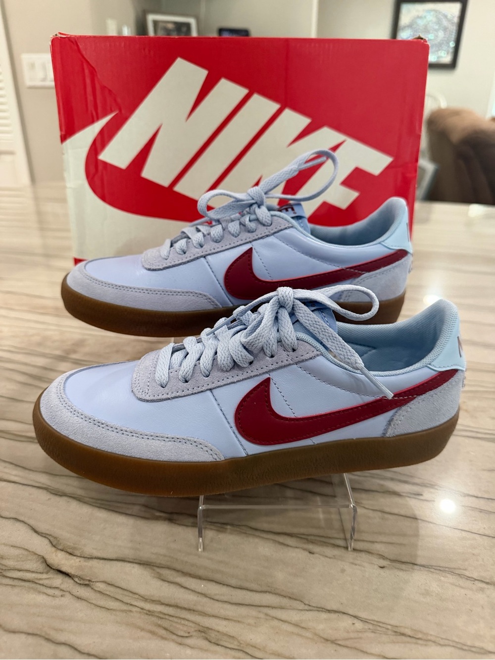 Nike Unisex Low-Profile Sneaker in Light Blue with Red Swoosh
